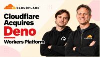 Cloudflare cloud logo and the two companies' people, the Cloudflare acquisition of the serverless startup Deno