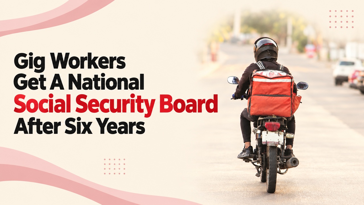 A delivery rider on a motorcycle with a red insulated bag, as India notifies a National Social Security Board for gig and platform workers