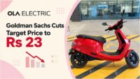 Ola Electric S1 Pro scooter with a news card showing Goldman Sachs cutting the target price to Rs 23