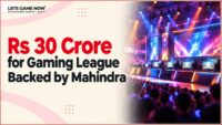 An esports arena stage with glowing gaming screens and stage lighting, representing Let's Game Now's Indian Super Gaming League