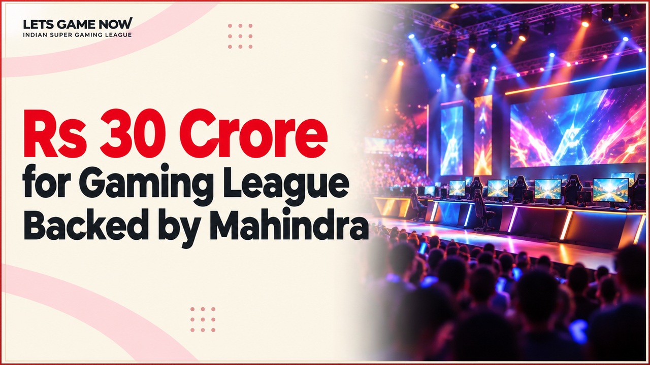 An esports arena stage with glowing gaming screens and stage lighting, representing Let's Game Now's Indian Super Gaming League