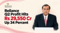 Reliance Industries chairman Mukesh Ambani, with the company logo