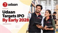 Udaan logo and warehouse workers on a startup funding news card about Udaan's IPO target for early 2028