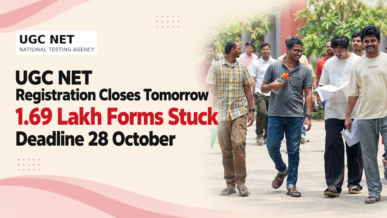 Students carrying exam papers outside a test centre, with the UGC NET December 2026 application deadline graphic