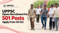 Candidates outside an exam centre for UPPSC RO ARO recruitment 2026, which has 501 posts on offer