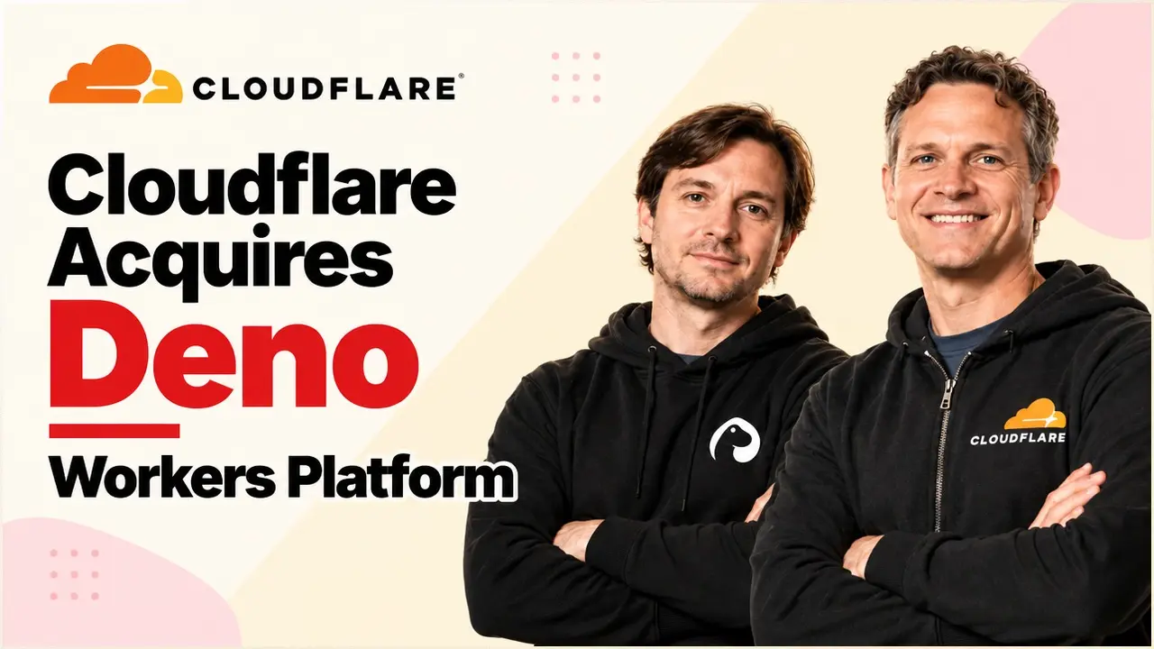 Cloudflare cloud logo and the two companies' people, the Cloudflare acquisition of the serverless startup Deno