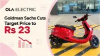 Ola Electric S1 Pro scooter with a news card showing Goldman Sachs cutting the target price to Rs 23