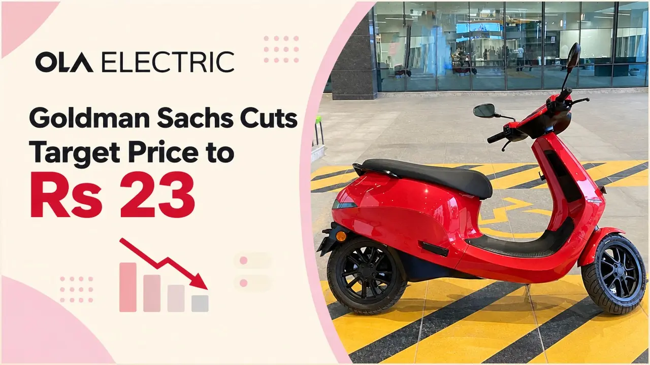 Ola Electric S1 Pro scooter with a news card showing Goldman Sachs cutting the target price to Rs 23
