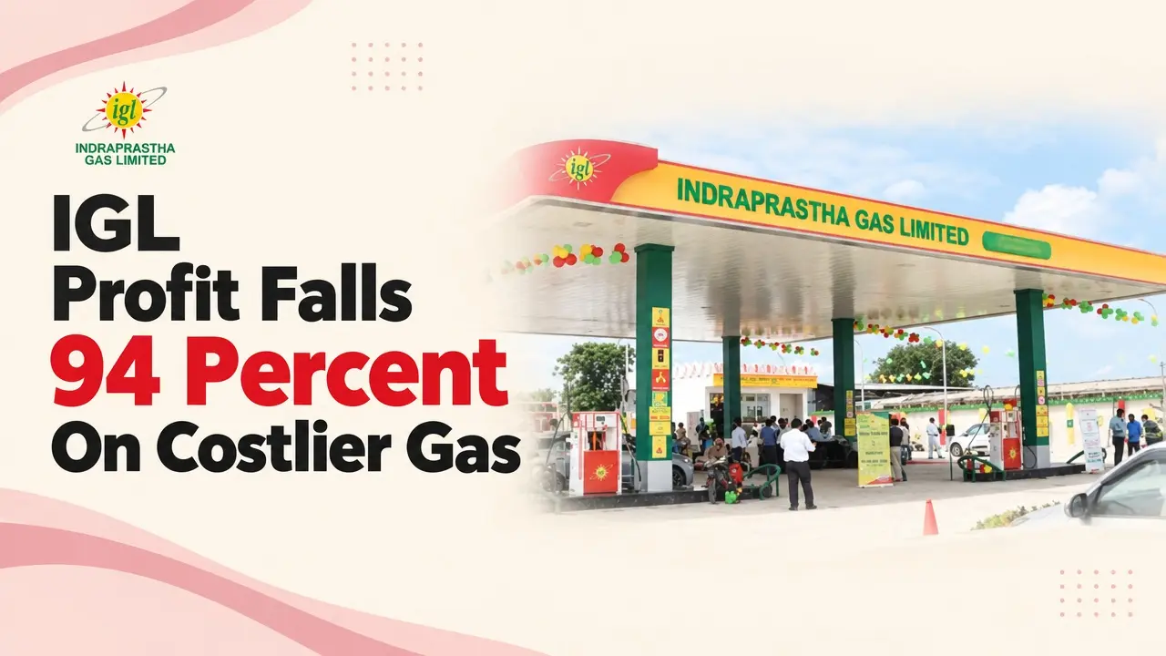 IGL CNG station in Delhi-NCR with the Indraprastha Gas Limited wordmark and a headline showing quarterly profit fell 94 percent