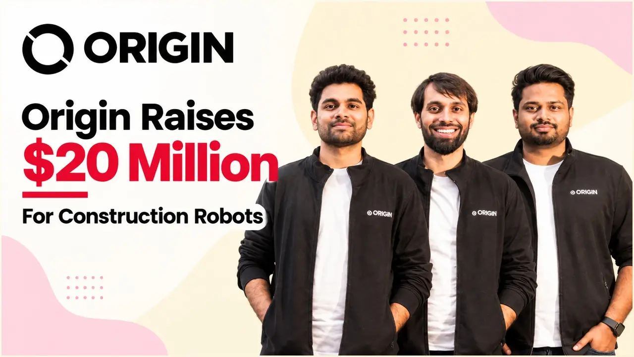 Origin founders and the ORIGIN logo on a startup funding news card for the USD 20 million round co-led by Accel and Zacua Ventures.