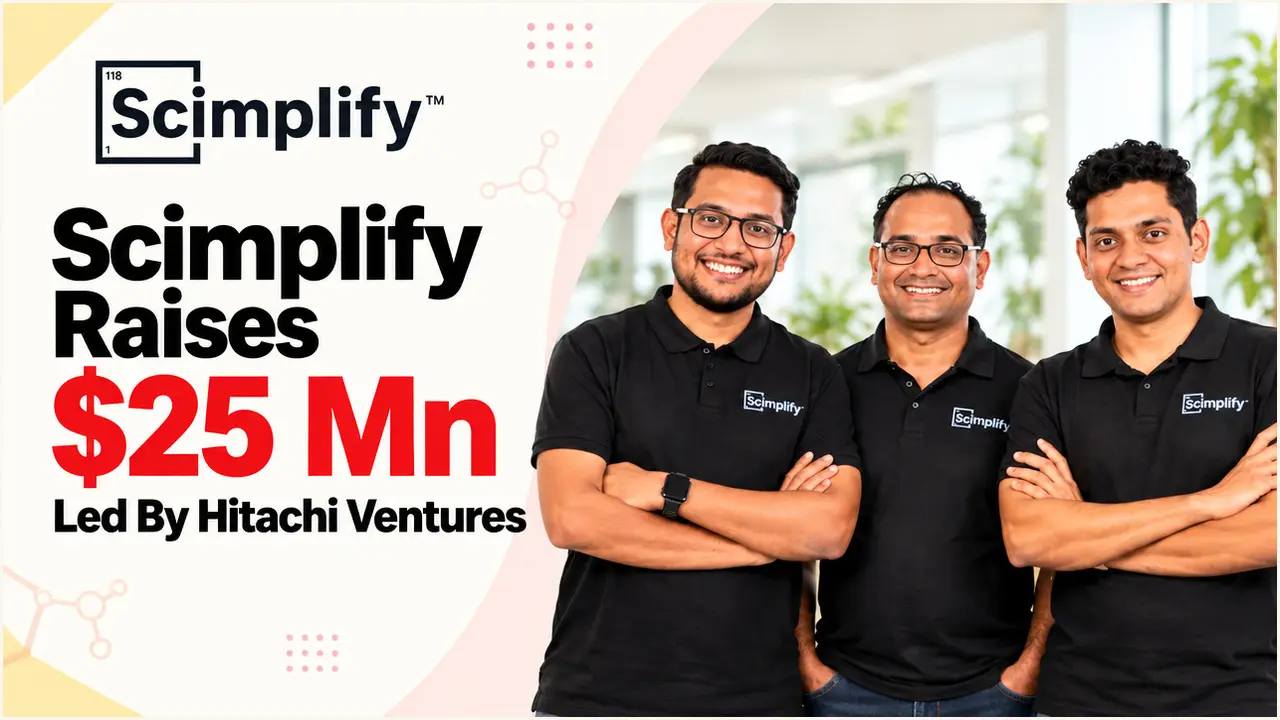 Scimplify founders with the Scimplify logo, the Bengaluru speciality chemicals startup has raised 25 million dollars led by Hitachi Ventures