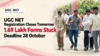 Students carrying exam papers outside a test centre, with the UGC NET December 2026 application deadline graphic