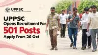 Candidates outside an exam centre for UPPSC RO ARO recruitment 2026, which has 501 posts on offer